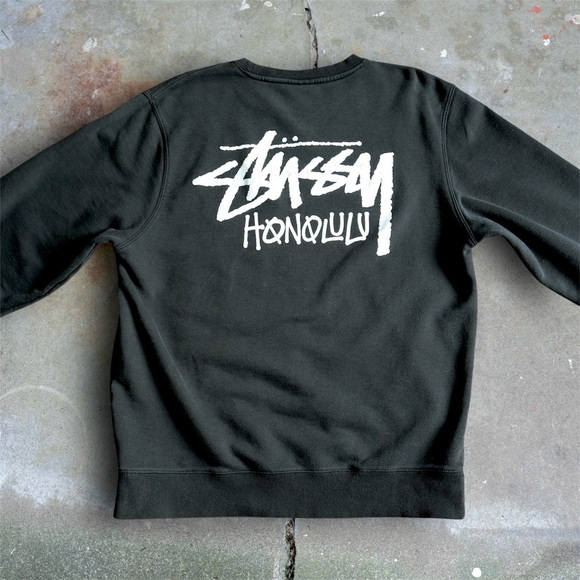 Stussy Honolulu Black Crewneck Sweatshirt Size L White Graphic Logo - Picture 1 of 9